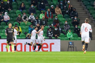 Krasnodar, Rusya - NOVEMBER 24, 2020: Sevilla FC 'den Ivan Rakitiç, UEFA Şampiyonlar Ligi grubu E grubunda FC Krasnodar ve Sevilla FC FC arasında oynanan karşılaşmada golünü kutluyor