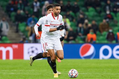 Krasnodar, Rusya - NOVEMBER 24, 2020: Sevilla FC takımından Youssef En-Nesyri, UEFA Şampiyonlar Ligi E Grubu FC Krasnodar ile Sevilla FC FC arasında oynanan karşılaşmada görev aldı.