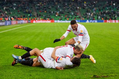 Krasnodar, Rusya - NOVEMBER 24, 2020: Sevilla FC 'den Munir El Haddadi, UEFA Şampiyonlar Ligi grubu E ile FC Krasnodar ve Sevilla FC arasında oynanan karşılaşmada golünü kutluyor.