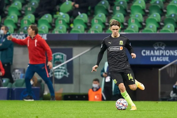 Krasnodar, Rusya - NOVEMBER 24, 2020: FC Krasnodar 'dan Kristoffer Olsson UEFA Şampiyonlar Ligi grubu E ile FC Krasnodar ve Sevilla FC FC arasında oynanan karşılaşma sırasında görev başında