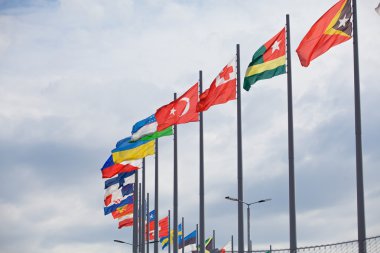 Flags flutter over Sochi Autodrom. Russian Grand Prix