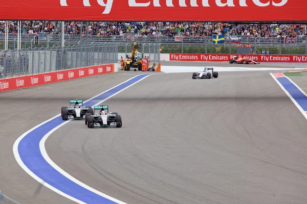 Lewis Hamilton of Mercedes AMG Petronas F1 Team leads Nico Rosberg Mercedes AMG Petronas Formula 1 Team