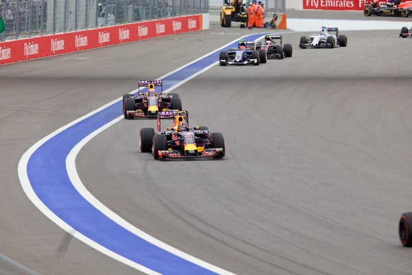 Daniil Kvyat Red Bull Racing F1 Team leads Daniel Ricciardo Red Bull Racing Formula 1 Team