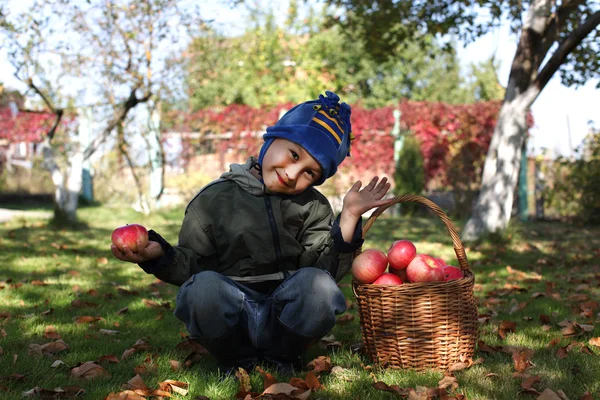 Kleiner Junge mit Äpfeln — Stockfoto
