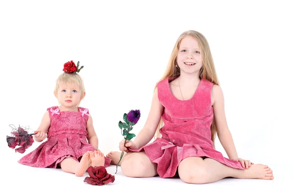 Little sisters with flowers — Stock Photo, Image