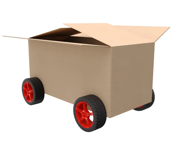 Cardboard box on wheels — Stock Photo, Image