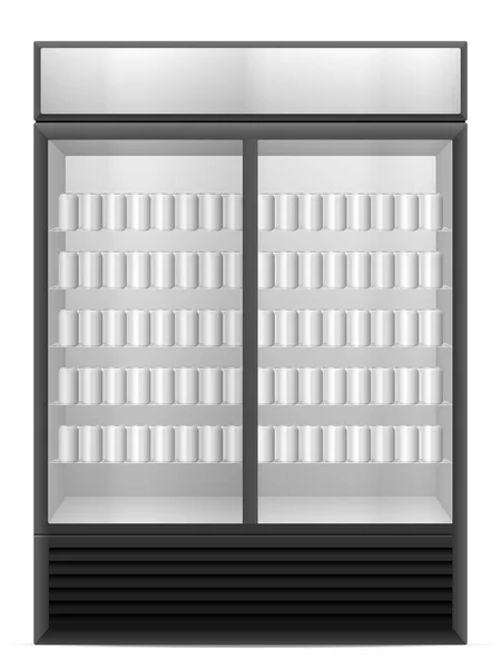 Mostrar refrigerador con latas de bebidas — Vector de stock