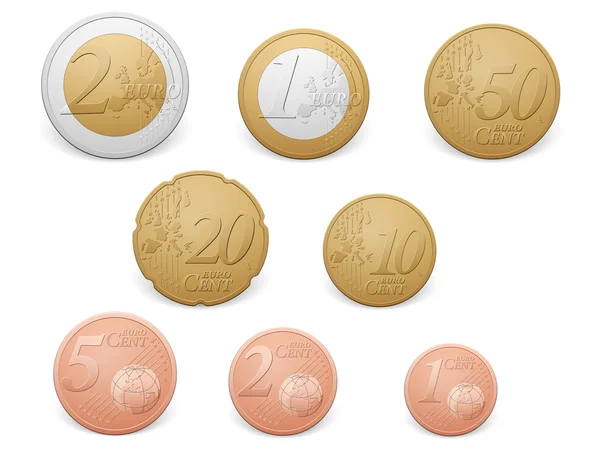 Monedas en euros sobre blanco — Vector de stock