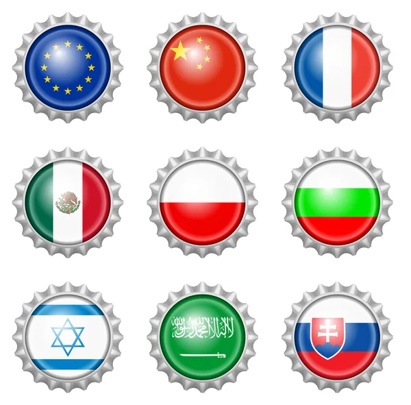 Bottle cap national flags — Stock Vector