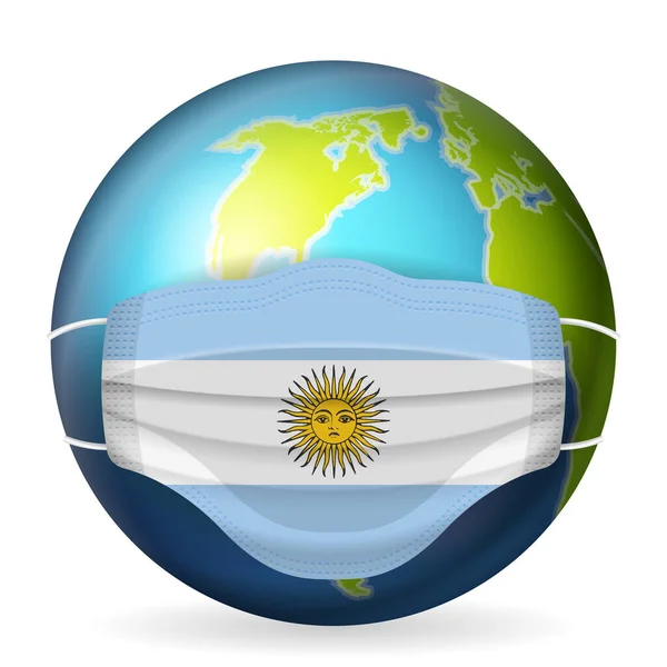 Globe Mondial Avec Masque Médical Drapeau Argentin Sur Fond Blanc — Image vectorielle