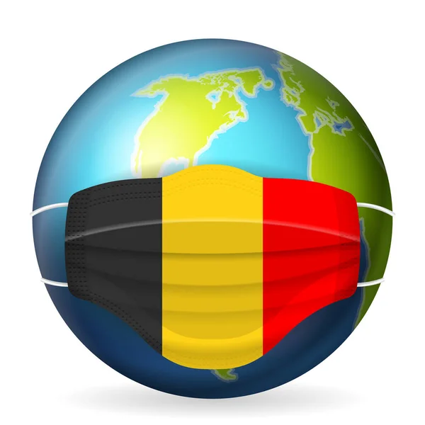 Wereldbol Met Medisch Masker België Vlag Witte Achtergrond Vectorillustratie — Stockvector