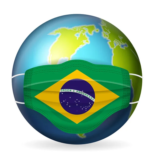 Wereld Bol Met Medisch Masker Brazilië Vlag Een Witte Achtergrond — Stockvector