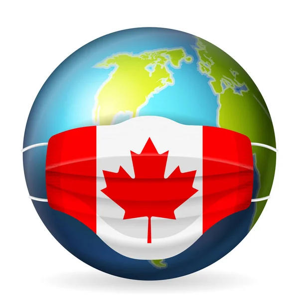 Beyaz Arka Planda Sağlık Maskesi Olan Dünya Küresi Kanada Bayrağı — Stok Vektör