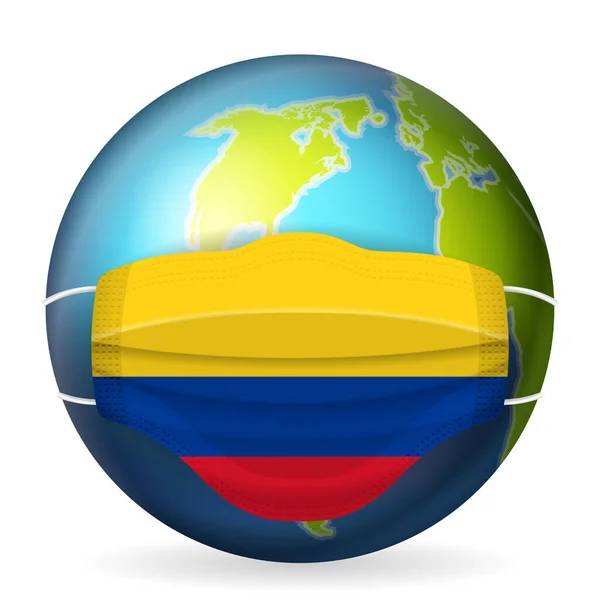 Globus Maską Medyczną Kolumbia Flaga Białym Tle Ilustracja Wektora — Wektor stockowy
