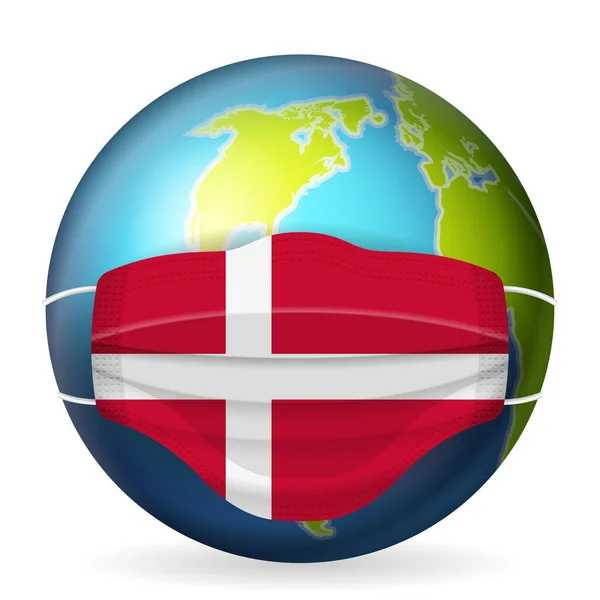 Mondo Con Maschera Medica Bandiera Danimarca Sfondo Bianco Illustrazione Vettoriale — Vettoriale Stock