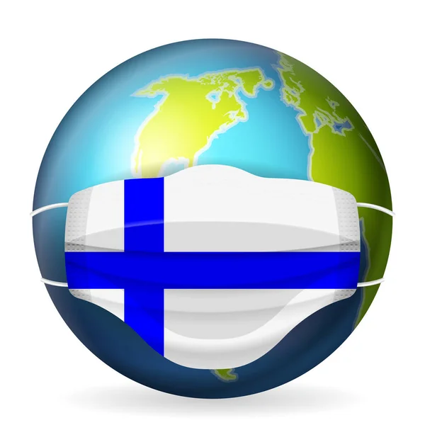 Globe Mondial Avec Masque Médical Drapeau Finlande Sur Fond Blanc — Image vectorielle