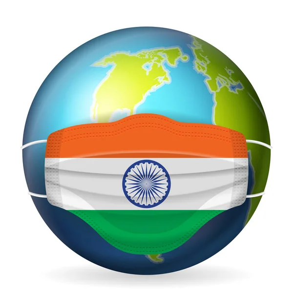 Globo Mundial Con Máscara Médica Bandera India Sobre Fondo Blanco — Vector de stock