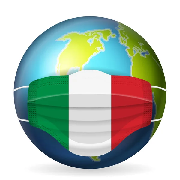 Всесвітній Глобус Медичною Маскою Прапор Італії Білому Тлі Приклад Вектора — стоковий вектор