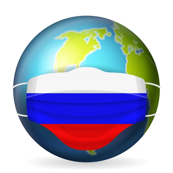 Mondo Globo Con Maschera Medica Russia Bandiera Sfondo Bianco Illustrazione — Vettoriale Stock