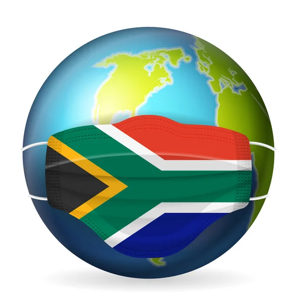 Globe Mondial Avec Masque Médical Drapeau Afrique Sud Sur Fond — Image vectorielle