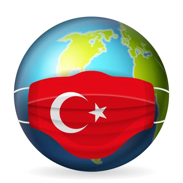 Wereld Bol Met Medisch Masker Turkije Vlag Een Witte Achtergrond — Stockvector