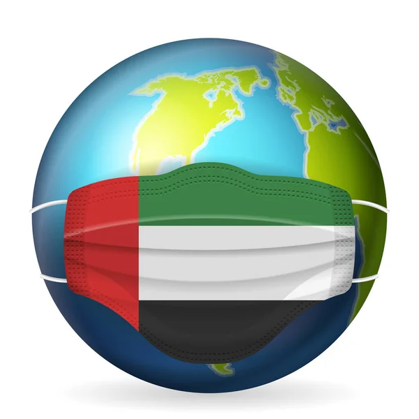 Weltkugel Mit Medizinischer Maske Vae Flagge Auf Weißem Hintergrund Vektorillustration — Stockvektor