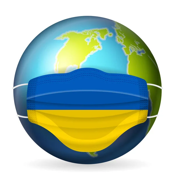 Světová Zeměkoule Lékařskou Maskou Ukrajina Vlajka Bílém Pozadí Vektorová Ilustrace — Stockový vektor