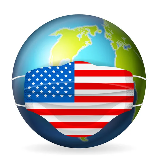 Globus Światowy Maską Medyczną Flaga Usa Białym Tle Ilustracja Wektora — Wektor stockowy