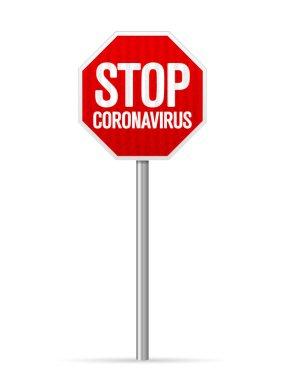 Beyaz arka planda yol tabelası Coronavirus. Vektör illüstrasyonu.