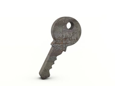 Beyaz arka planda paslı metal anahtar sembolü. 3d illüstrasyon.