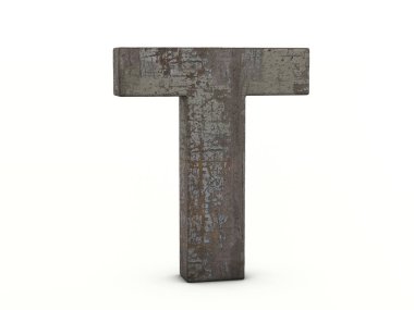 Beyaz arka planda paslı metal T harfi. 3d illüstrasyon.