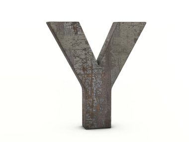 Beyaz arka planda paslı metal harf Y. 3d illüstrasyon.