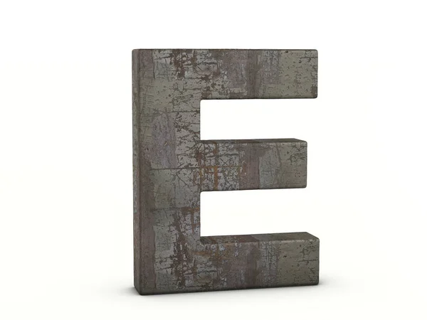 白色背景上的生锈的金属字母E 3D说明 — 图库照片