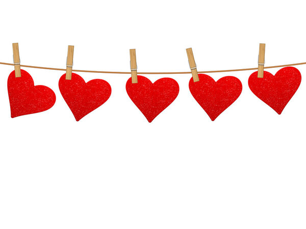 Hearts hanging on clothesline. Vector illustration.