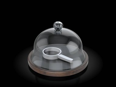 Siyah arka planda kubbenin altındaki büyüteç sembolü. Vektör illüstrasyonu.