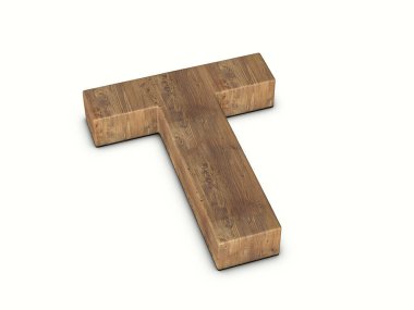 Beyaz arka planda ahşap T harfi. 3d illüstrasyon.