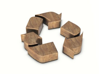 Beyaz arka planda ahşap geri dönüşüm sembolü. 3d illüstrasyon.