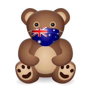 Beyaz arka planda Avustralya bayrağı taşıyan tıbbi maskeli oyuncak ayı. Vektör illüstrasyonu.