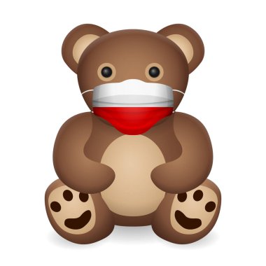 Beyaz arka planda Polonya bayrağı taşıyan tıbbi maskeli oyuncak ayı. Vektör illüstrasyonu.