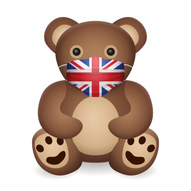 Beyaz arka planda İngiliz bayrağı olan oyuncak ayı. Vektör illüstrasyonu.