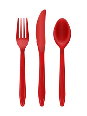 Beyaz arka planda plastik çatal bıçak takımı. Vektör illüstrasyonu.