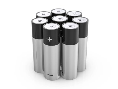 Beyaz arka planda bataryalar. 3d illüstrasyon.