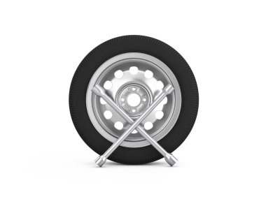 Beyaz arka planda araba tekerleği ve çapraz anahtar. 3d illüstrasyon.