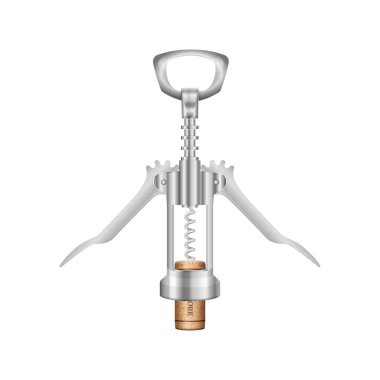 Beyaz arka planda şarap tirbuşonu ve mantar. Vektör illüstrasyonu.