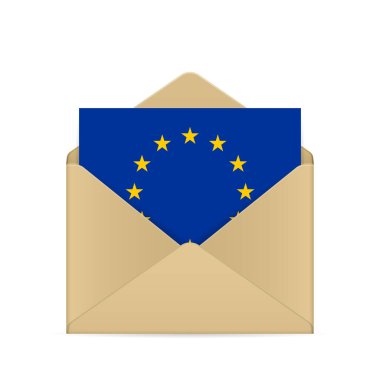 Beyaz arka planda AB bayrağı olan bir zarf. Vektör illüstrasyonu.