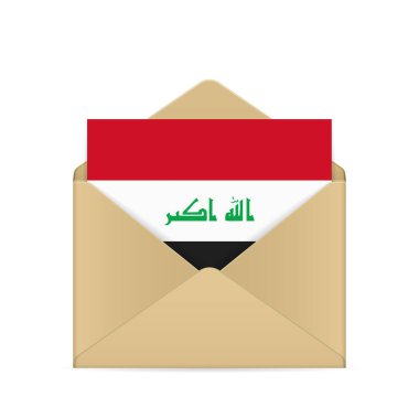 Beyaz arka planda Irak bayrağı olan bir zarf. Vektör illüstrasyonu.