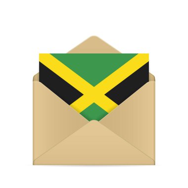 Beyaz arka planda Jamaika bayrağı olan bir zarf. Vektör illüstrasyonu.