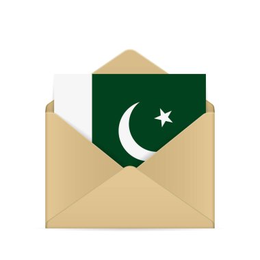 Beyaz arka planda Pakistan bayrağı olan bir zarf. Vektör illüstrasyonu.