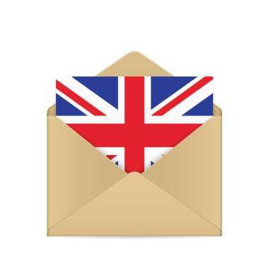 Beyaz arka planda İngiliz bayrağı olan bir zarf. Vektör illüstrasyonu.