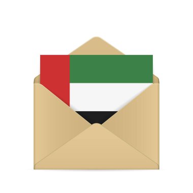 Beyaz arka planda BAE bayrağı olan bir zarf. Vektör illüstrasyonu.